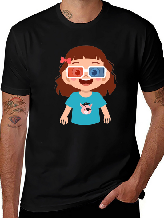 Cute Cartoon Girl 3D Glasses Black T-Shirt