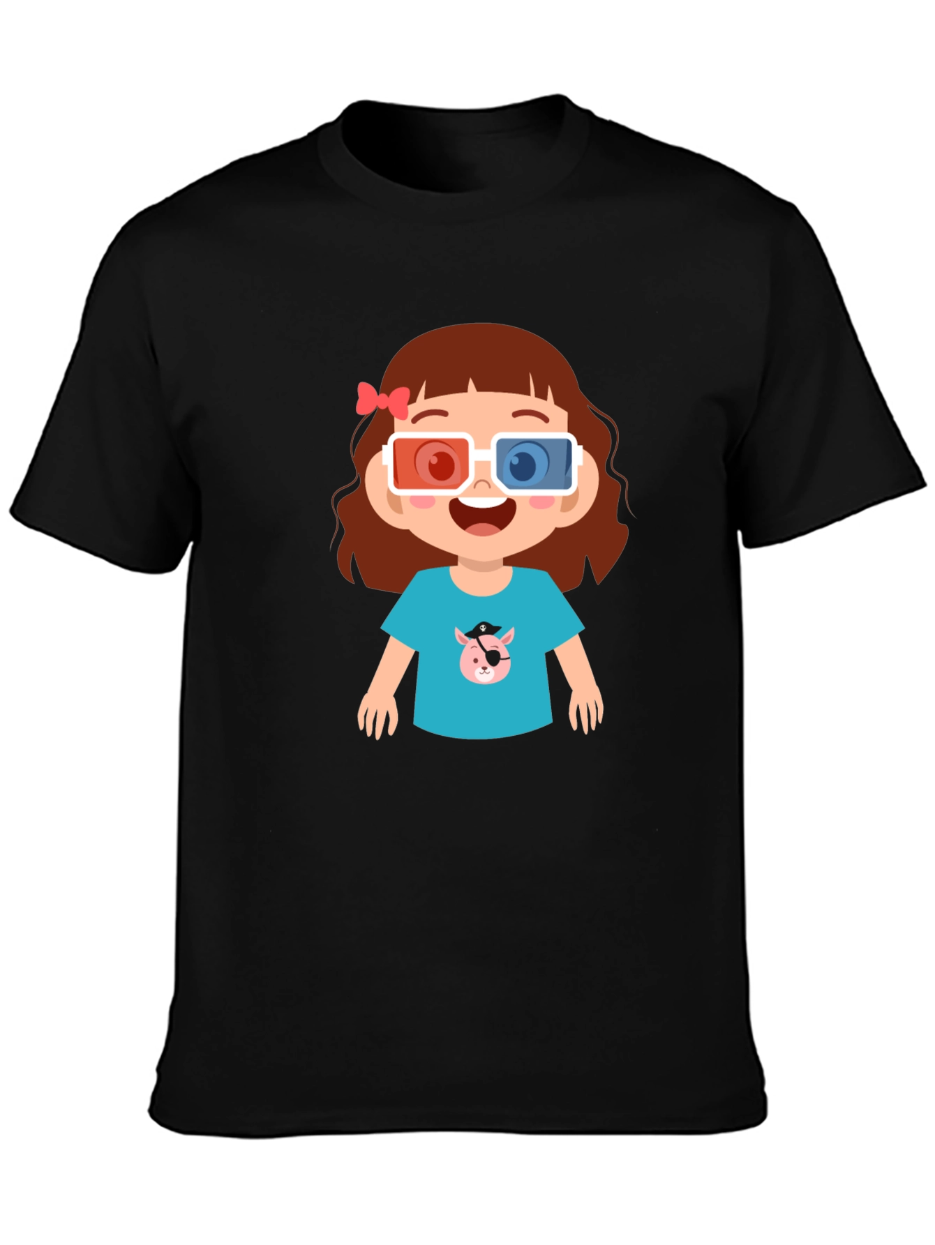 Cute Cartoon Girl 3D Glasses Black T-Shirt