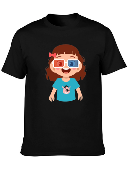 Cute Cartoon Girl 3D Glasses Black T-Shirt