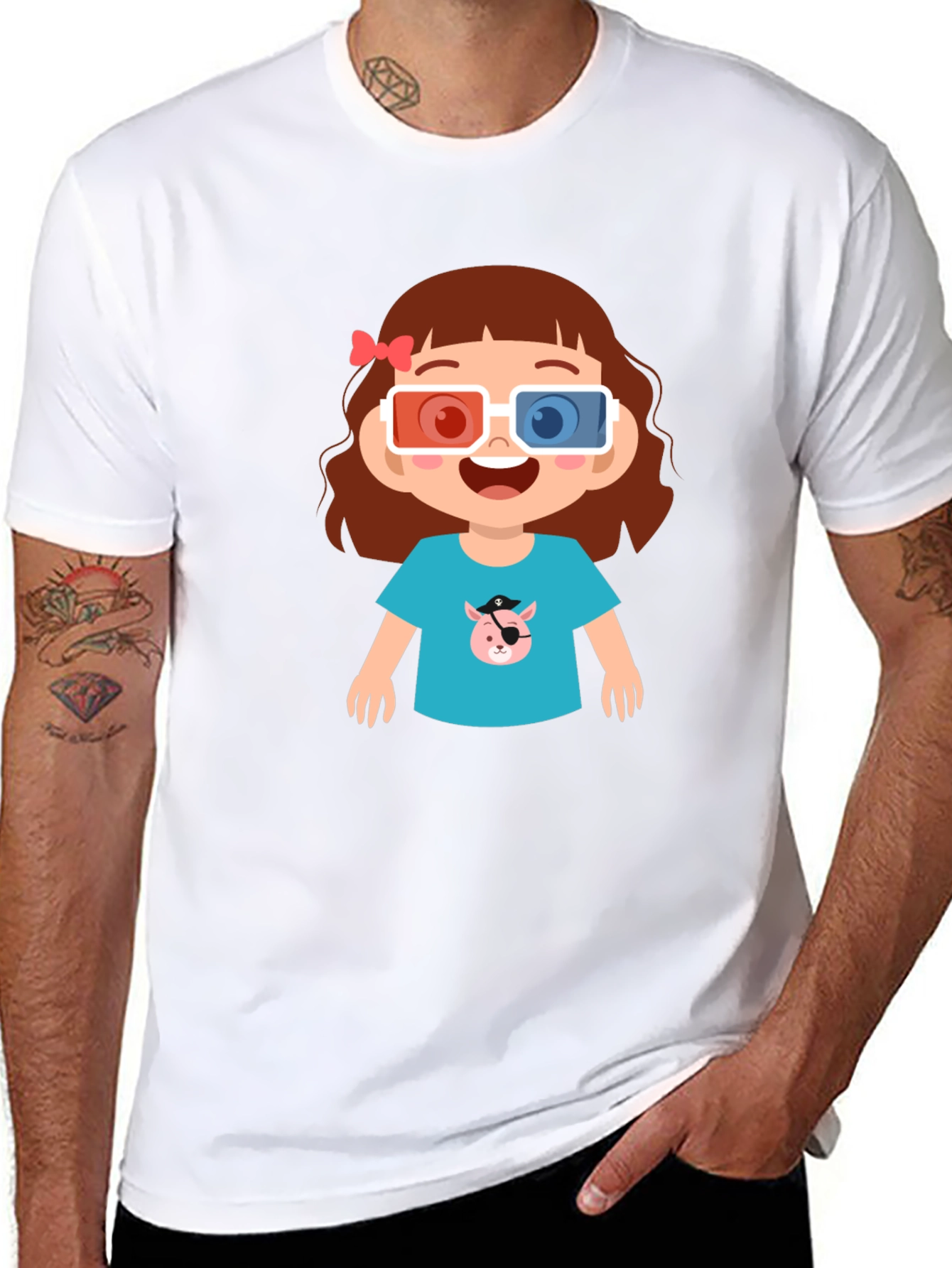 Cute Cartoon Girl 3D Glasses Black T-Shirt