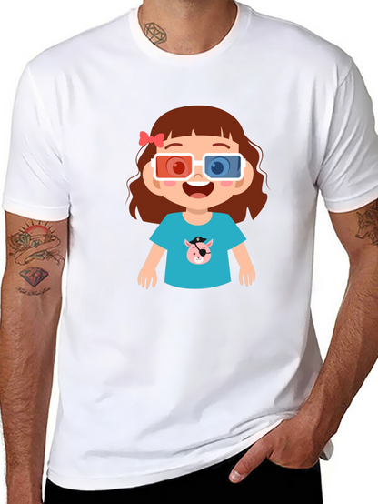 Cute Cartoon Girl 3D Glasses Black T-Shirt