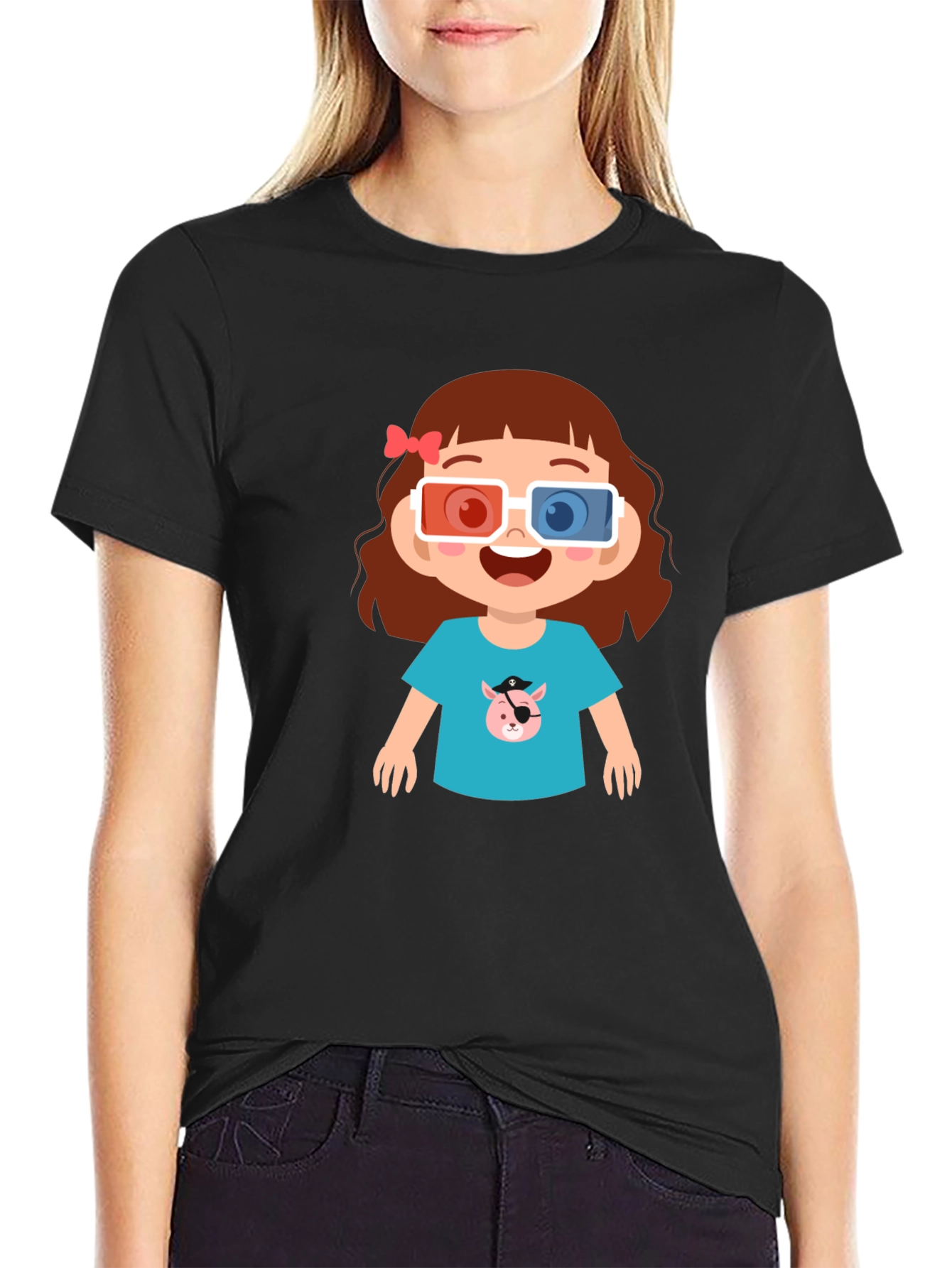 Cute Cartoon Girl 3D Glasses Black T-Shirt