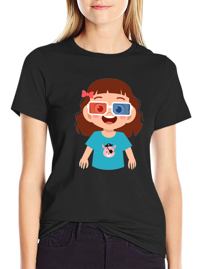 Cute Cartoon Girl 3D Glasses Black T-Shirt