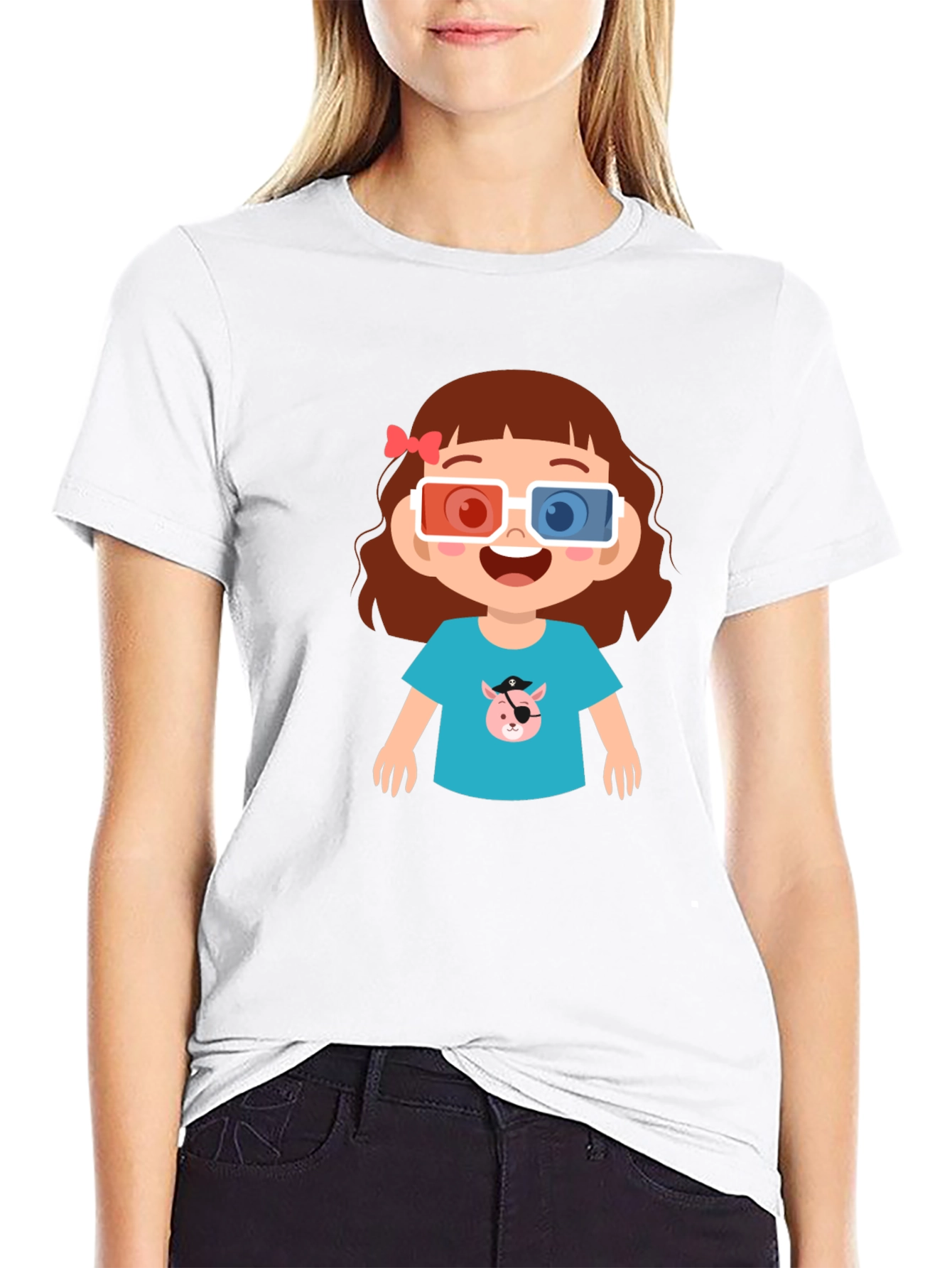 Cute Cartoon Girl 3D Glasses Black T-Shirt