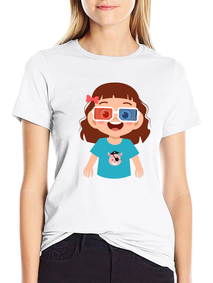 Cute Cartoon Girl 3D Glasses Black T-Shirt