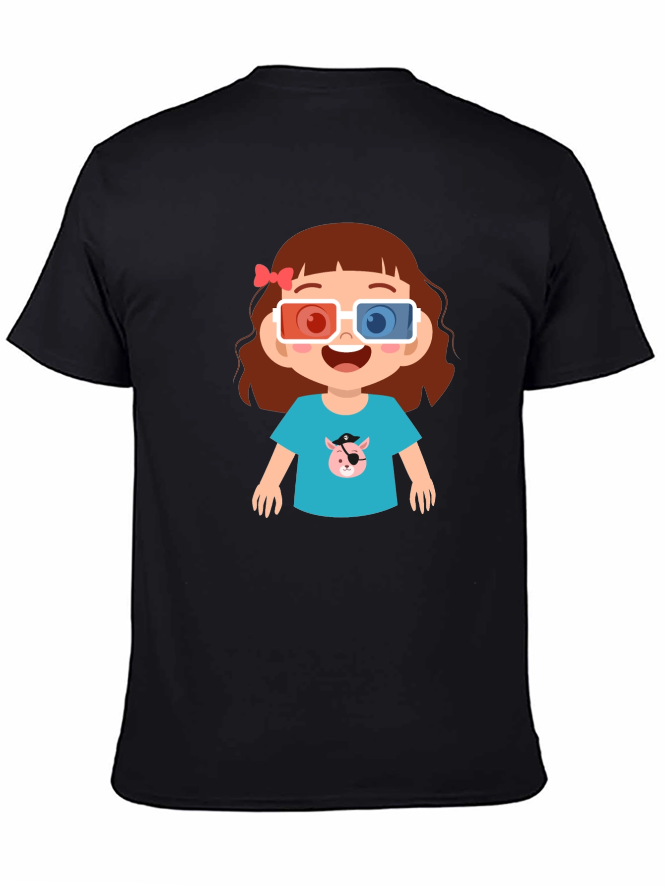 Cute Cartoon Girl 3D Glasses Black T-Shirt