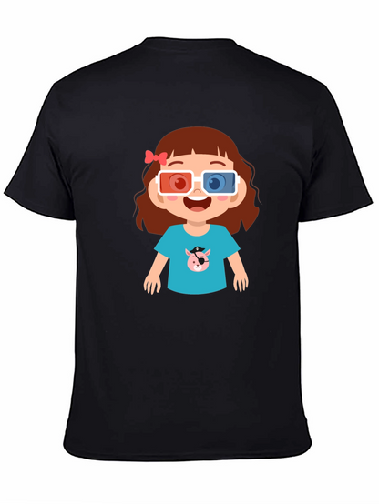 Cute Cartoon Girl 3D Glasses Black T-Shirt