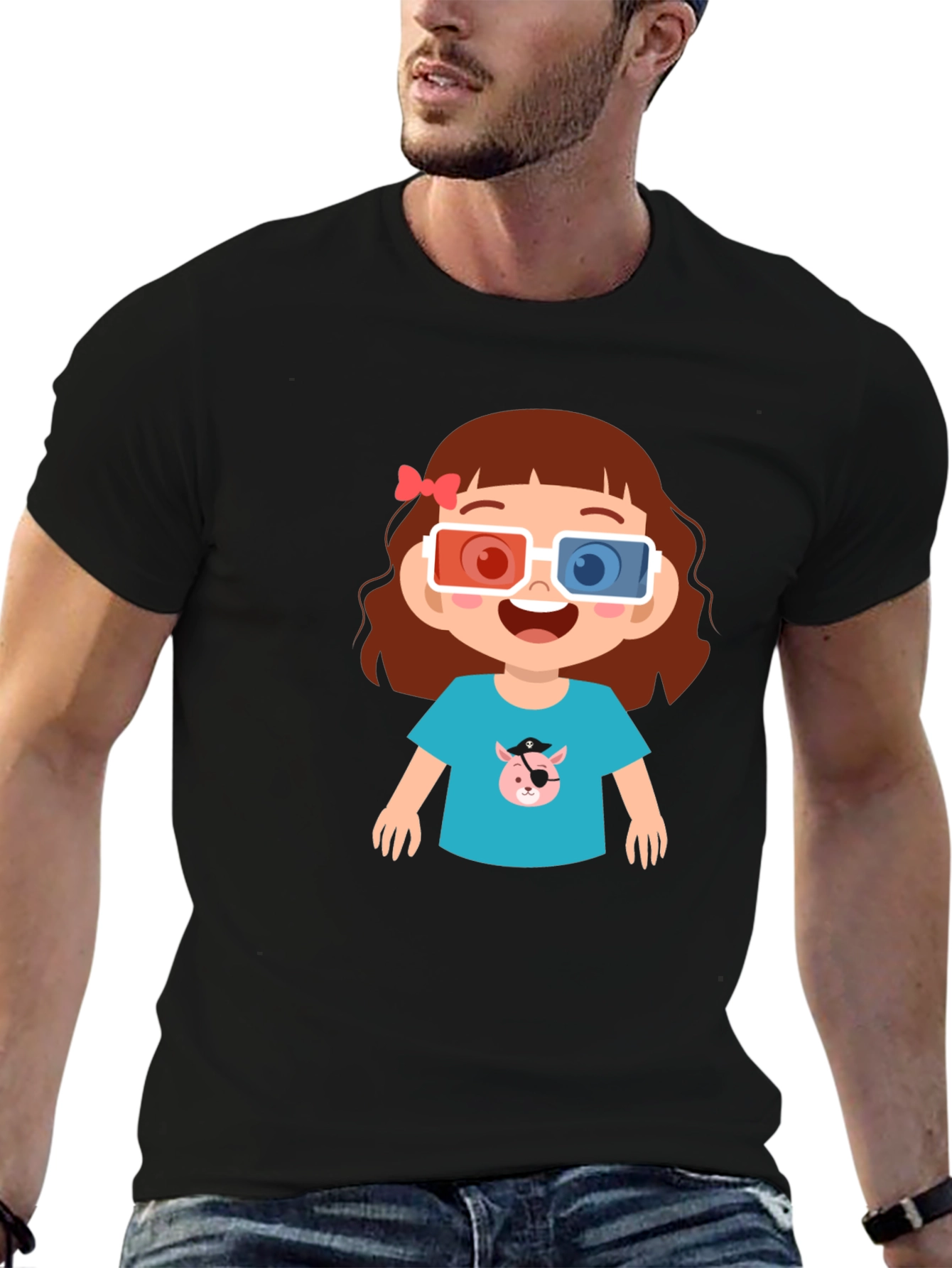 Cute Cartoon Girl 3D Glasses Black T-Shirt