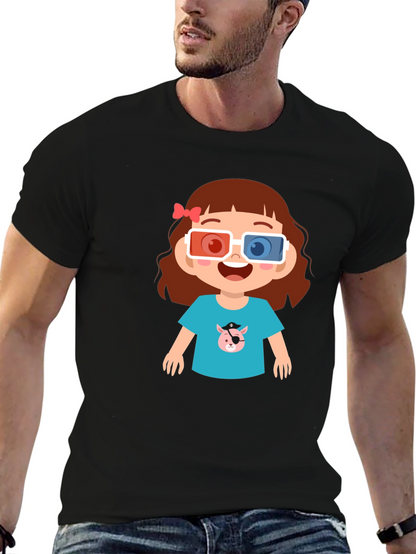 Cute Cartoon Girl 3D Glasses Black T-Shirt