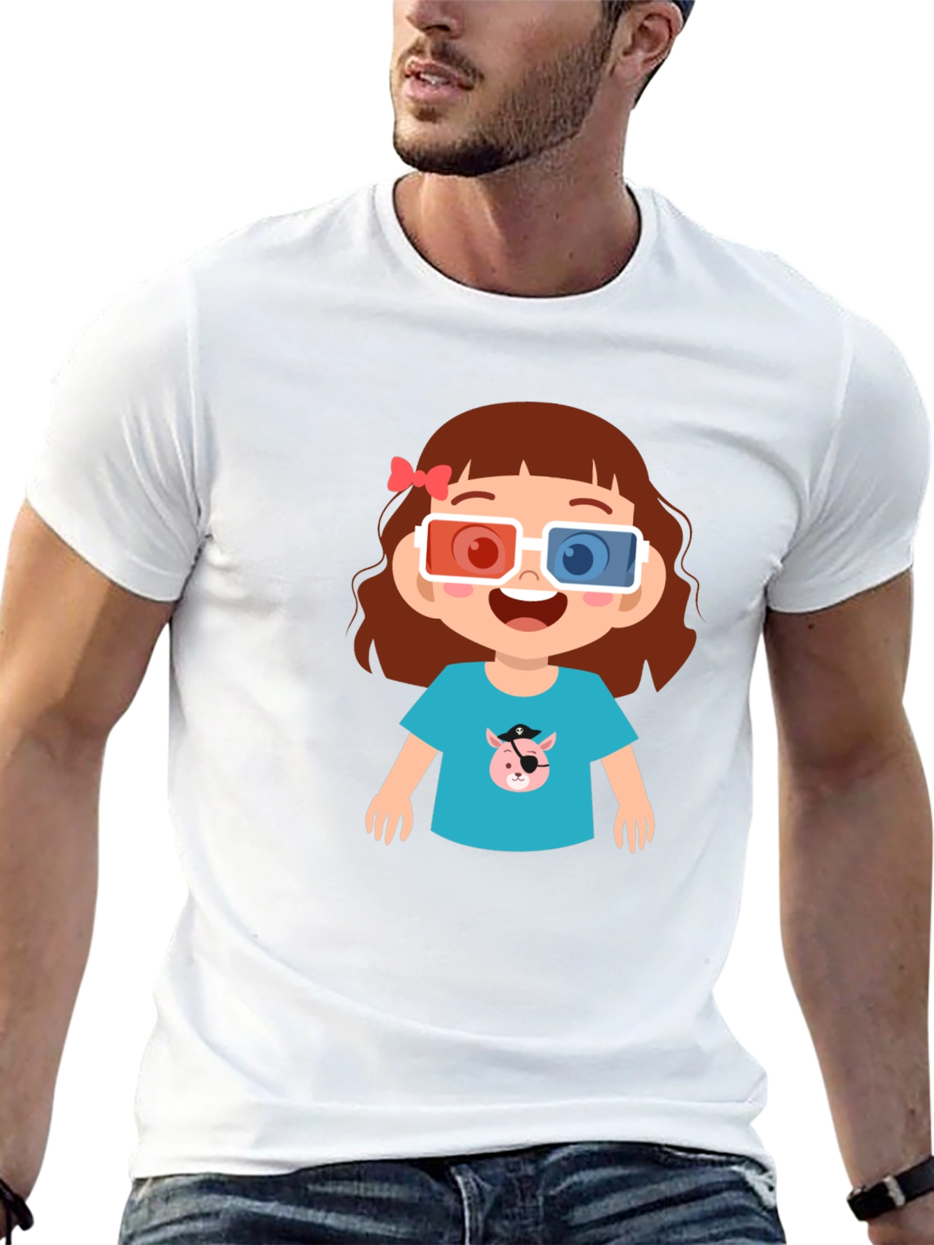 Cute Cartoon Girl 3D Glasses Black T-Shirt