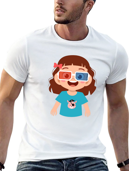 Cute Cartoon Girl 3D Glasses Black T-Shirt