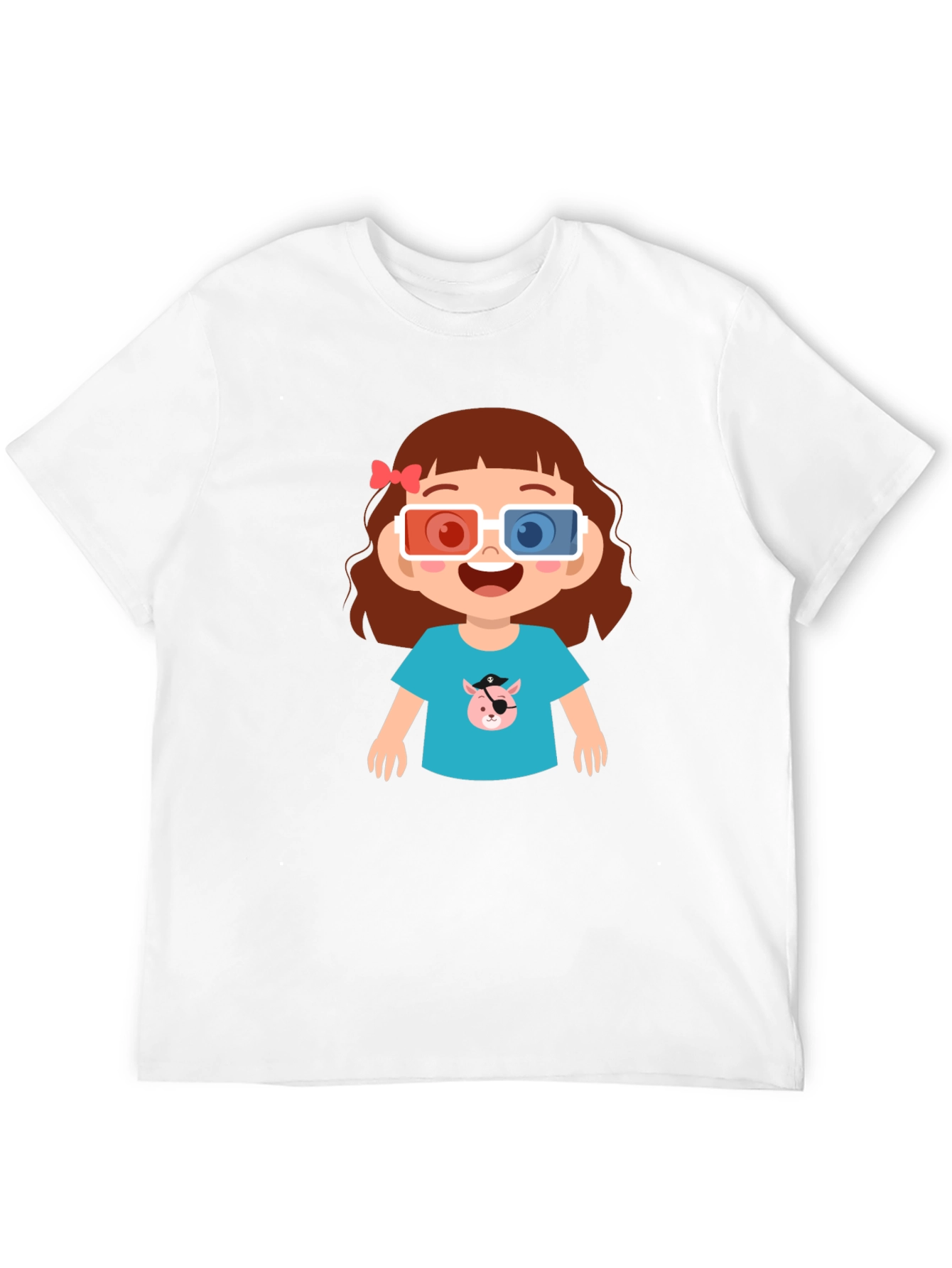 Cute Cartoon Girl 3D Glasses Black T-Shirt
