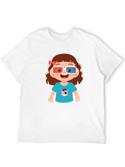 Cute Cartoon Girl 3D Glasses Black T-Shirt