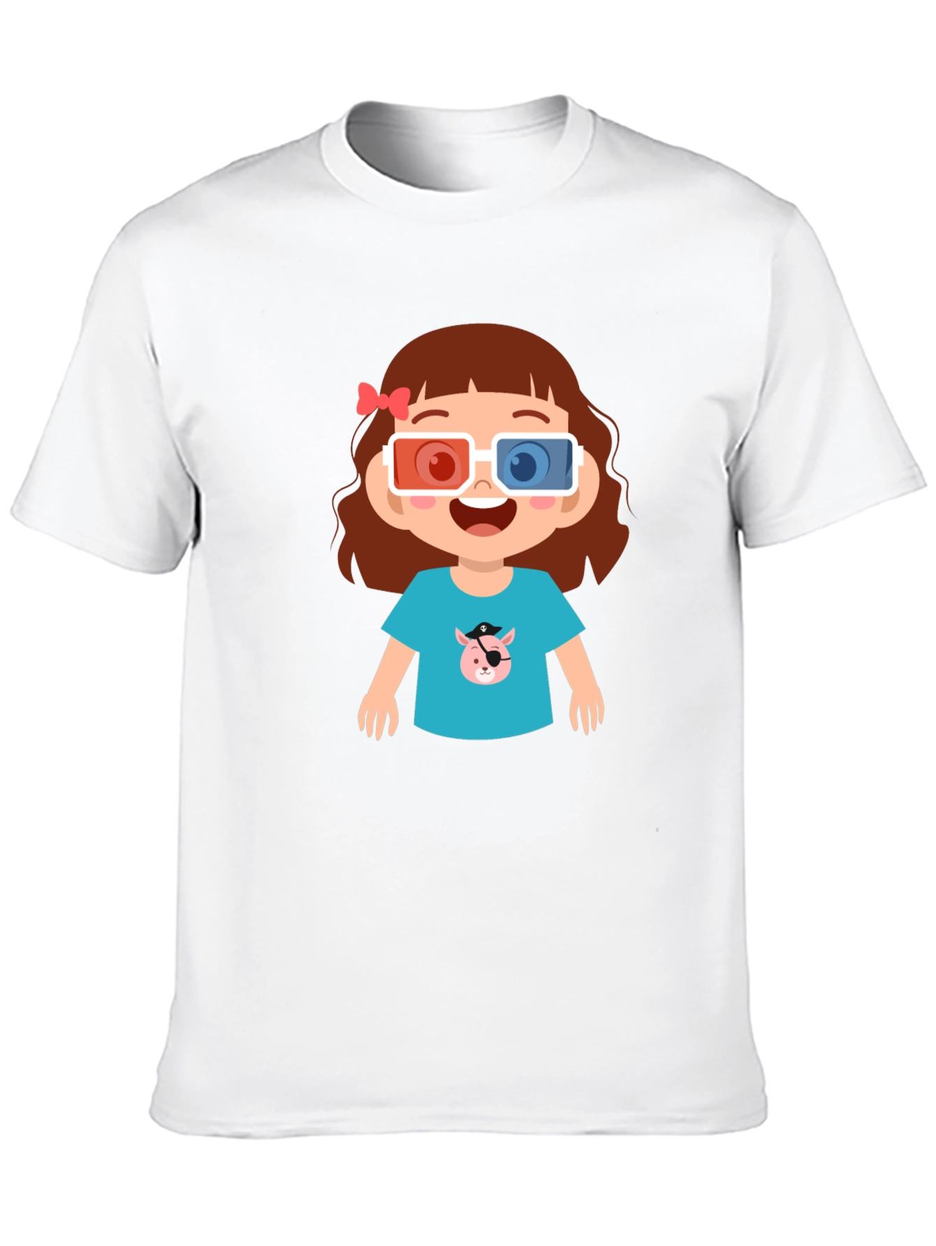 Cute Cartoon Girl 3D Glasses Black T-Shirt