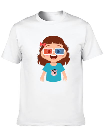 Cute Cartoon Girl 3D Glasses Black T-Shirt