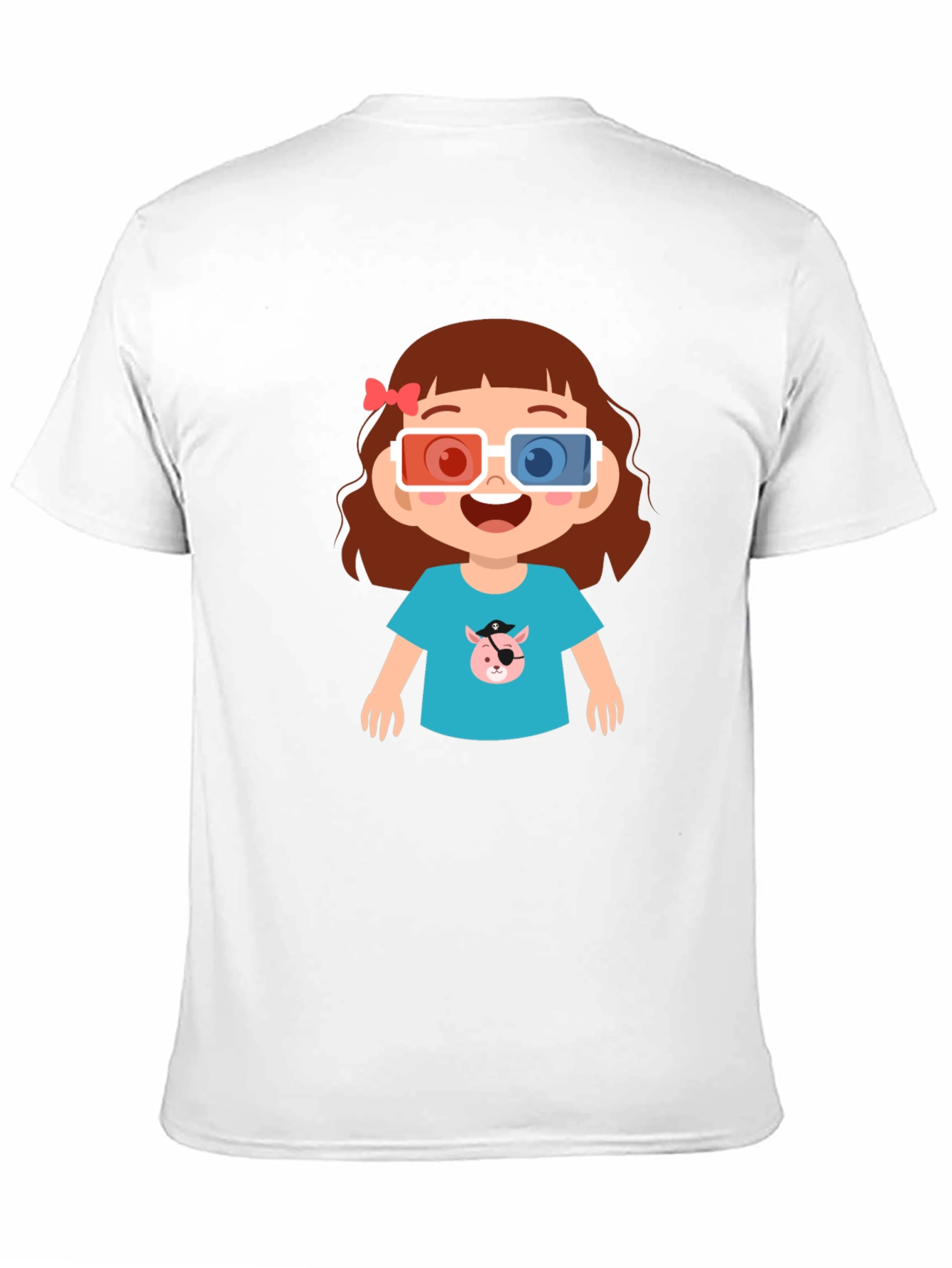 Cute Cartoon Girl 3D Glasses Black T-Shirt