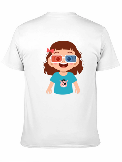 Cute Cartoon Girl 3D Glasses Black T-Shirt