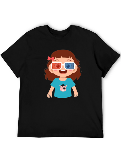 Cute Cartoon Girl 3D Glasses Black T-Shirt