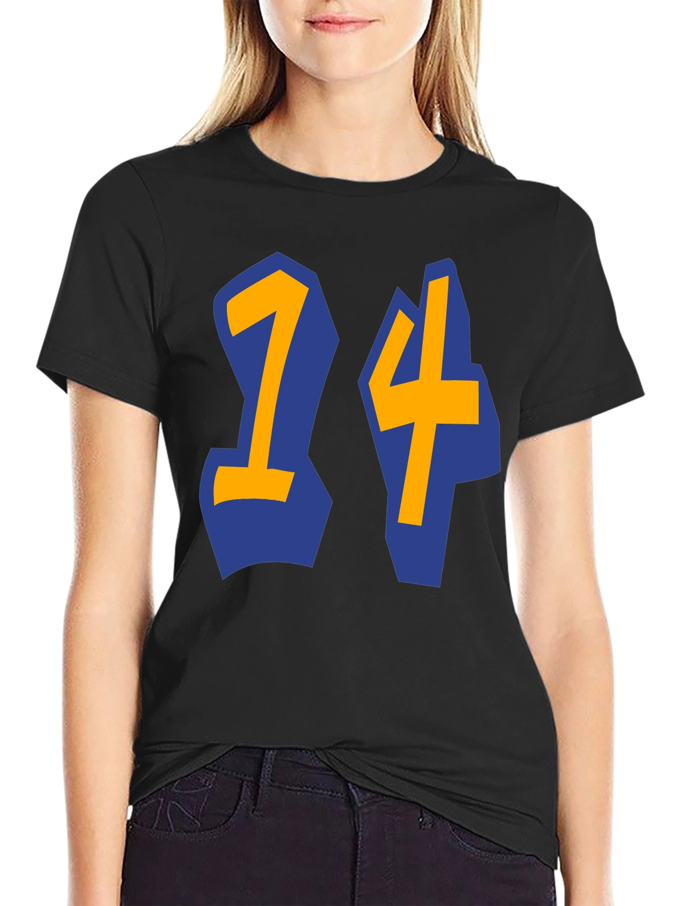 Black T-shirt with Blue and Gold 14 Design