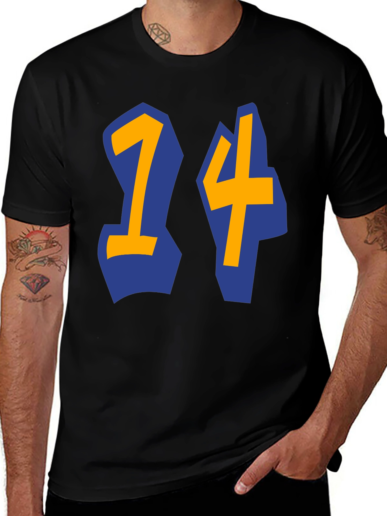 Black T-shirt with Blue and Gold 14 Design