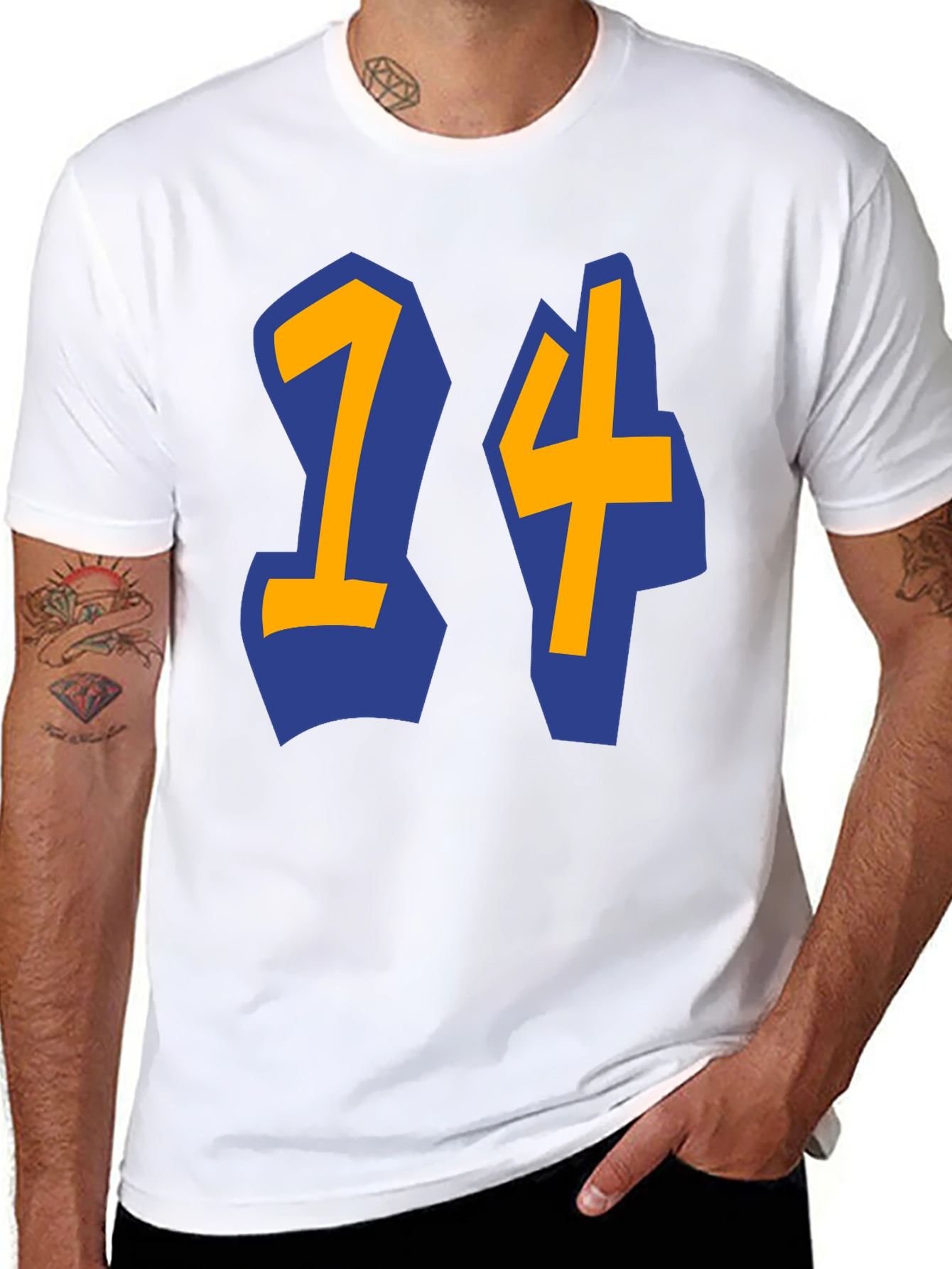 Black T-shirt with Blue and Gold 14 Design