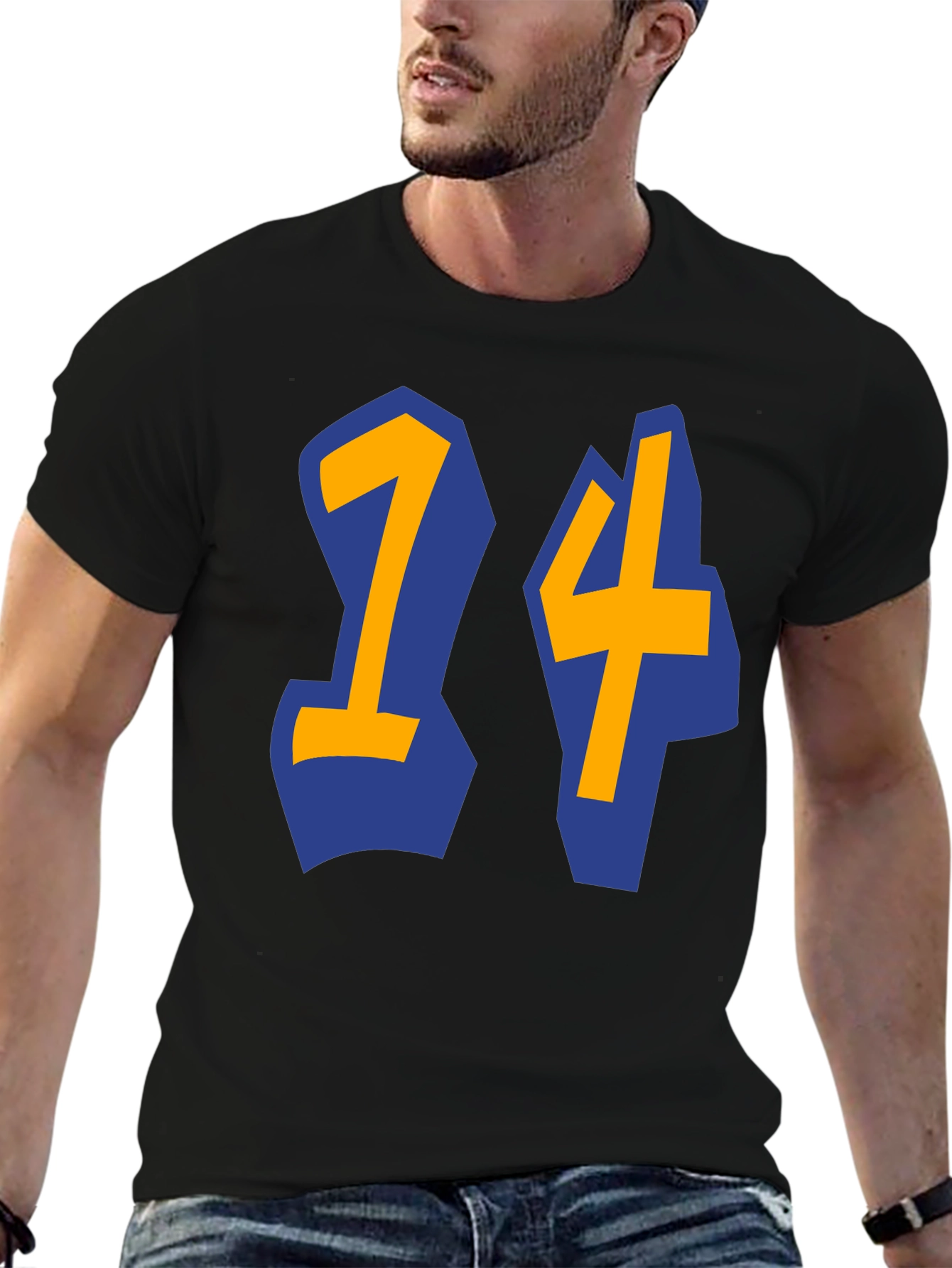 Black T-shirt with Blue and Gold 14 Design