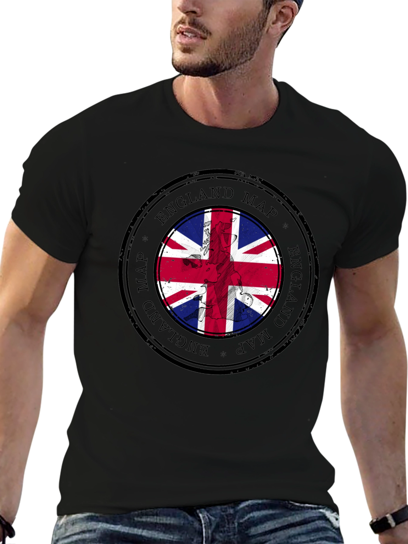 England Map Flag Graphic Tee - Black Cotton T-Shirt