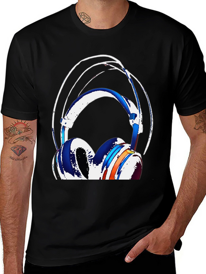 Stylish Headphones Graphic Tee - Black Cotton Blend