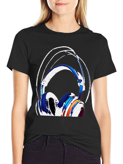 Stylish Headphones Graphic Tee - Black Cotton Blend