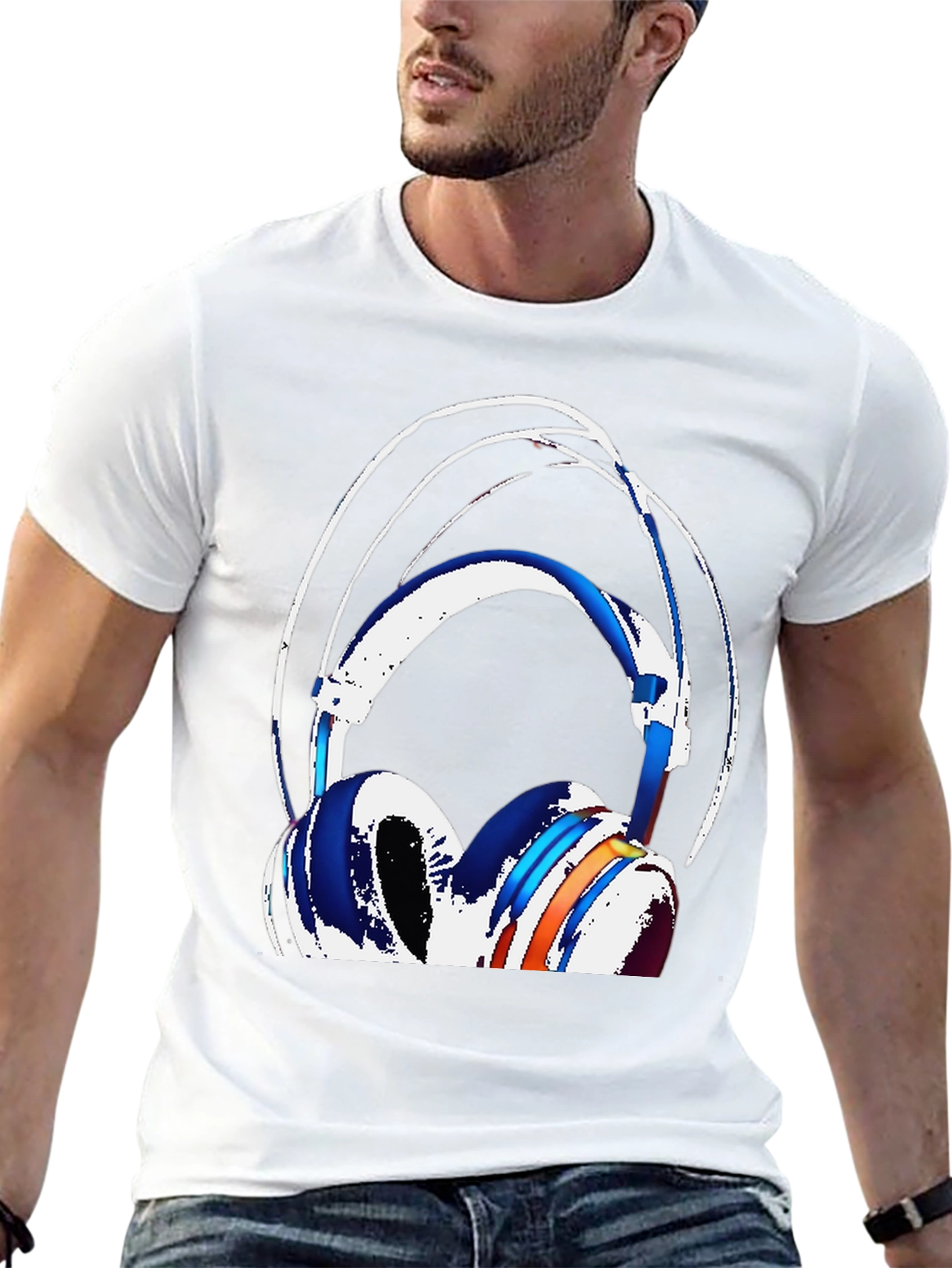Stylish Headphones Graphic Tee - Black Cotton Blend