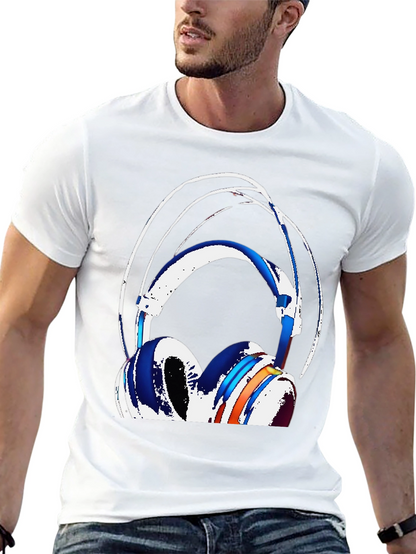 Stylish Headphones Graphic Tee - Black Cotton Blend