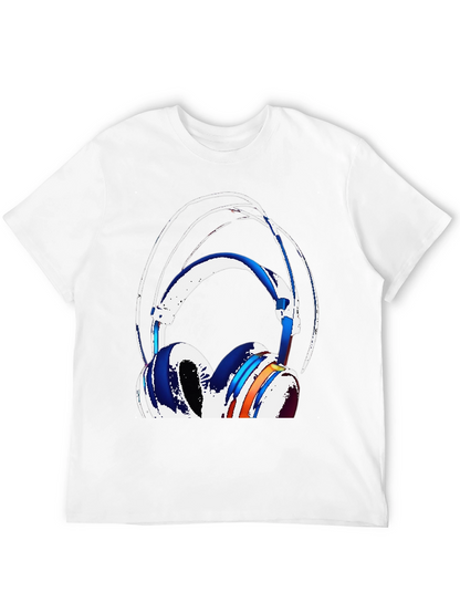 Stylish Headphones Graphic Tee - Black Cotton Blend