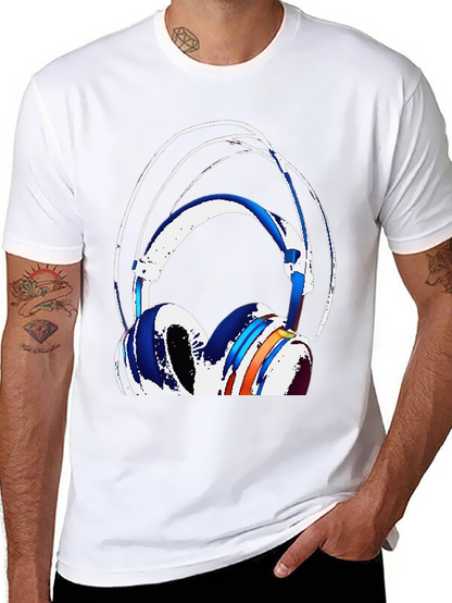 Stylish Headphones Graphic Tee - Black Cotton Blend