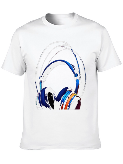 Stylish Headphones Graphic Tee - Black Cotton Blend