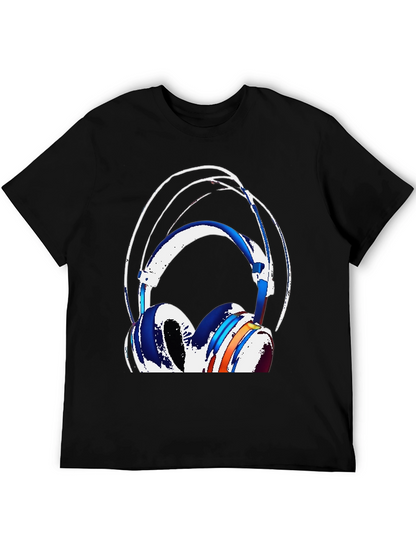 Stylish Headphones Graphic Tee - Black Cotton Blend