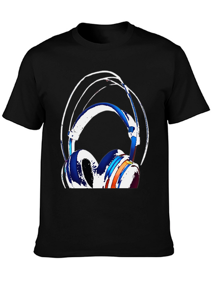 Stylish Headphones Graphic Tee - Black Cotton Blend
