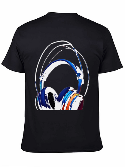 Stylish Headphones Graphic Tee - Black Cotton Blend