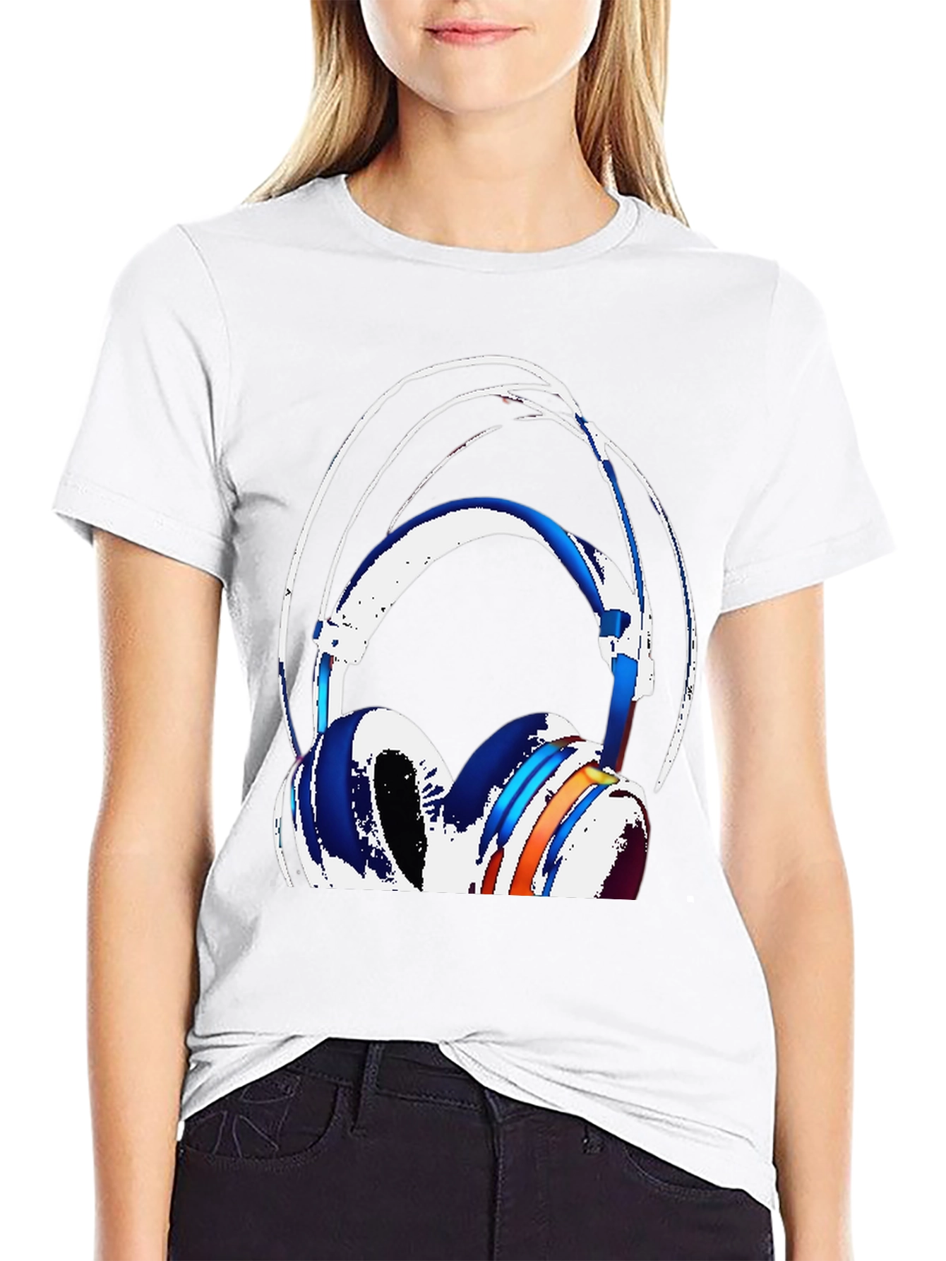 Stylish Headphones Graphic Tee - Black Cotton Blend