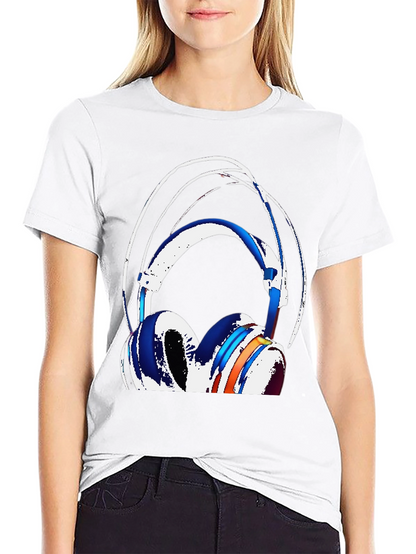 Stylish Headphones Graphic Tee - Black Cotton Blend