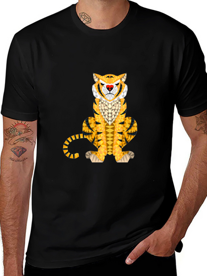 Geometric Tiger Graphic Tee - Stylish Mens Black T-Shirt