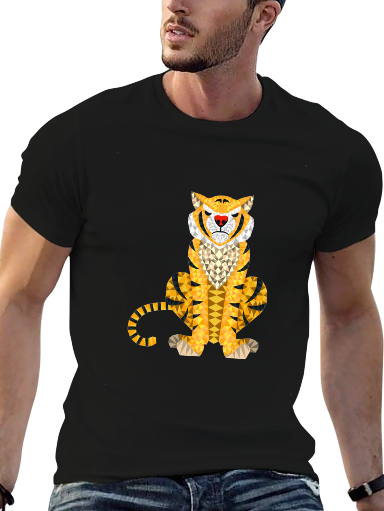 Geometric Tiger Graphic Tee - Stylish Mens Black T-Shirt