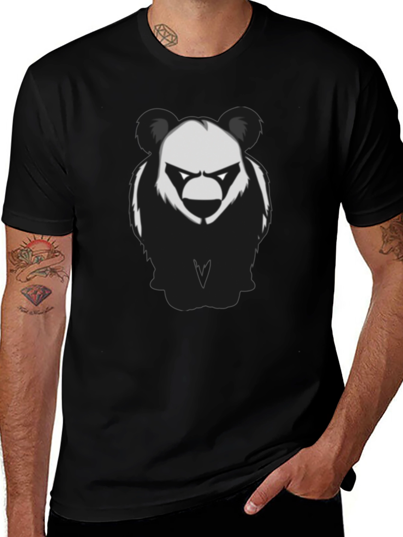 Mens Black T-Shirt with Graphic Panda Bear Design
