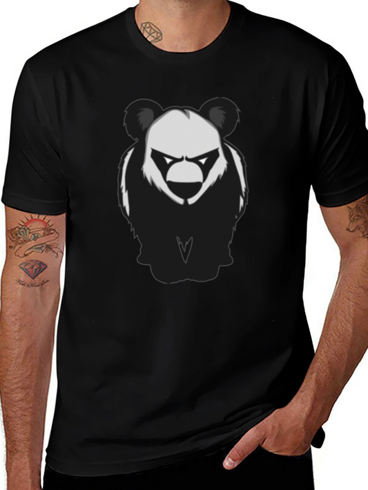 Mens Black T-Shirt with Graphic Panda Bear Design
