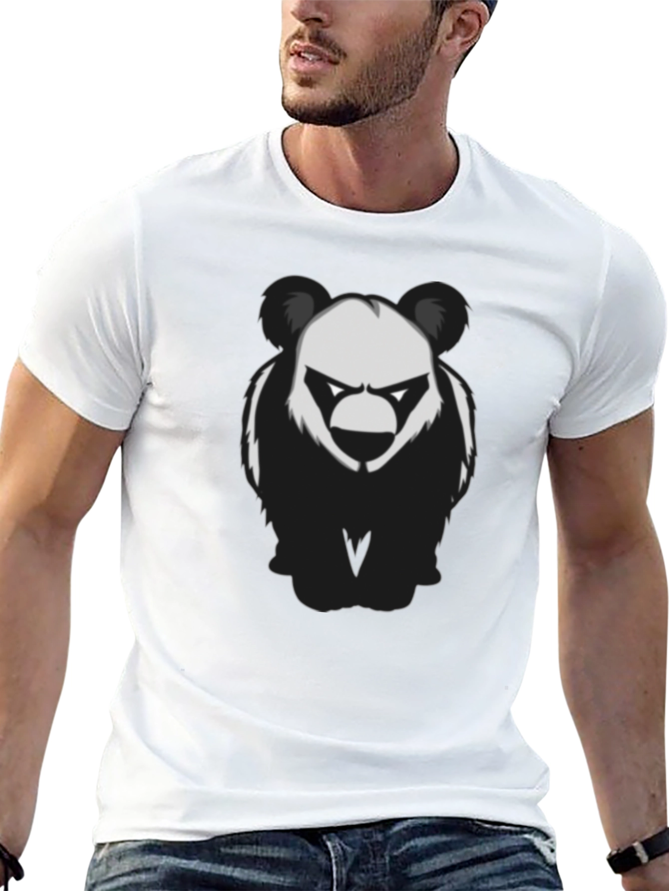 Mens Black T-Shirt with Graphic Panda Bear Design