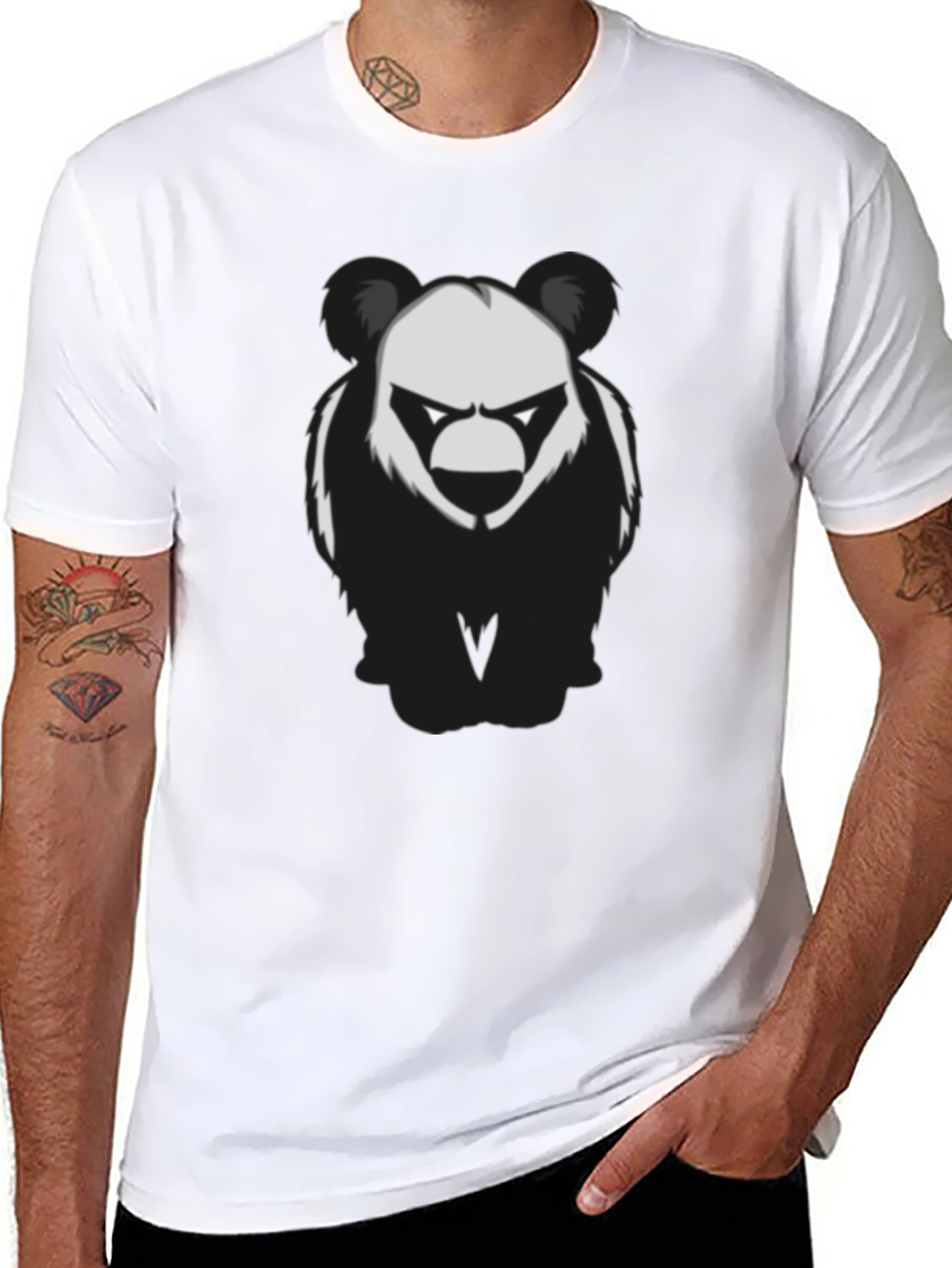 Mens Black T-Shirt with Graphic Panda Bear Design