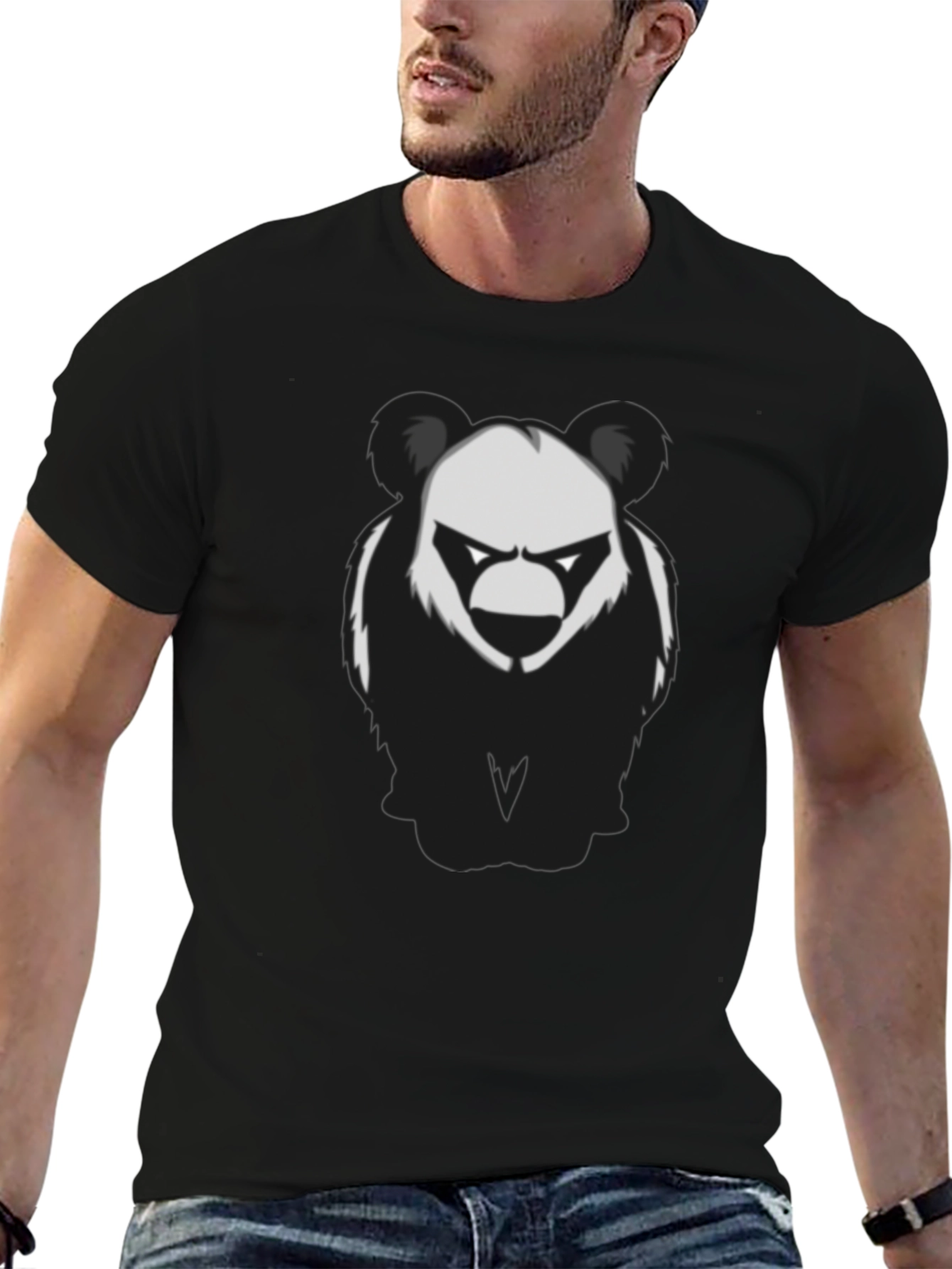 Mens Black T-Shirt with Graphic Panda Bear Design