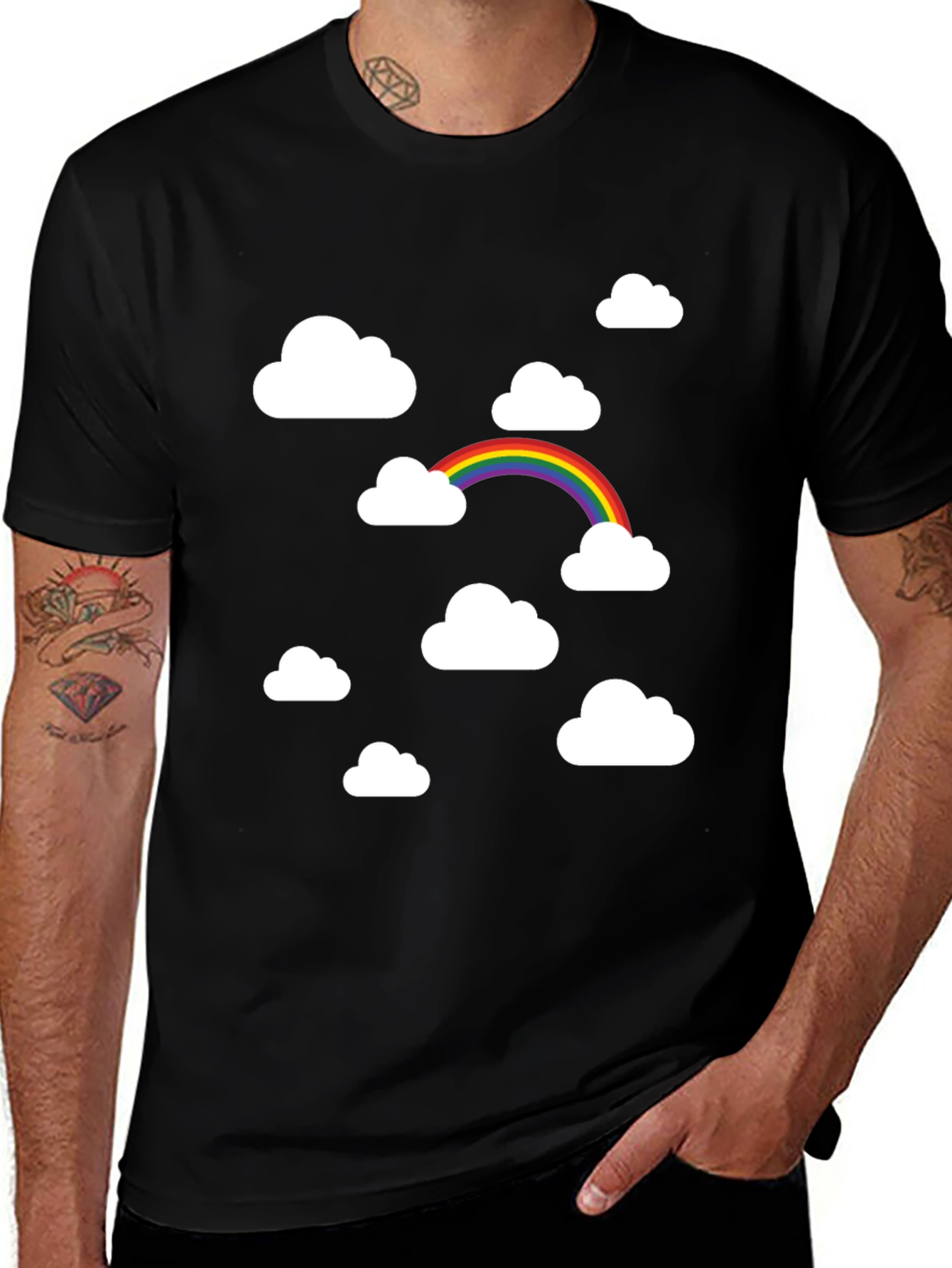 Rainbow Clouds Black Graphic Tee - Trendy Comfort