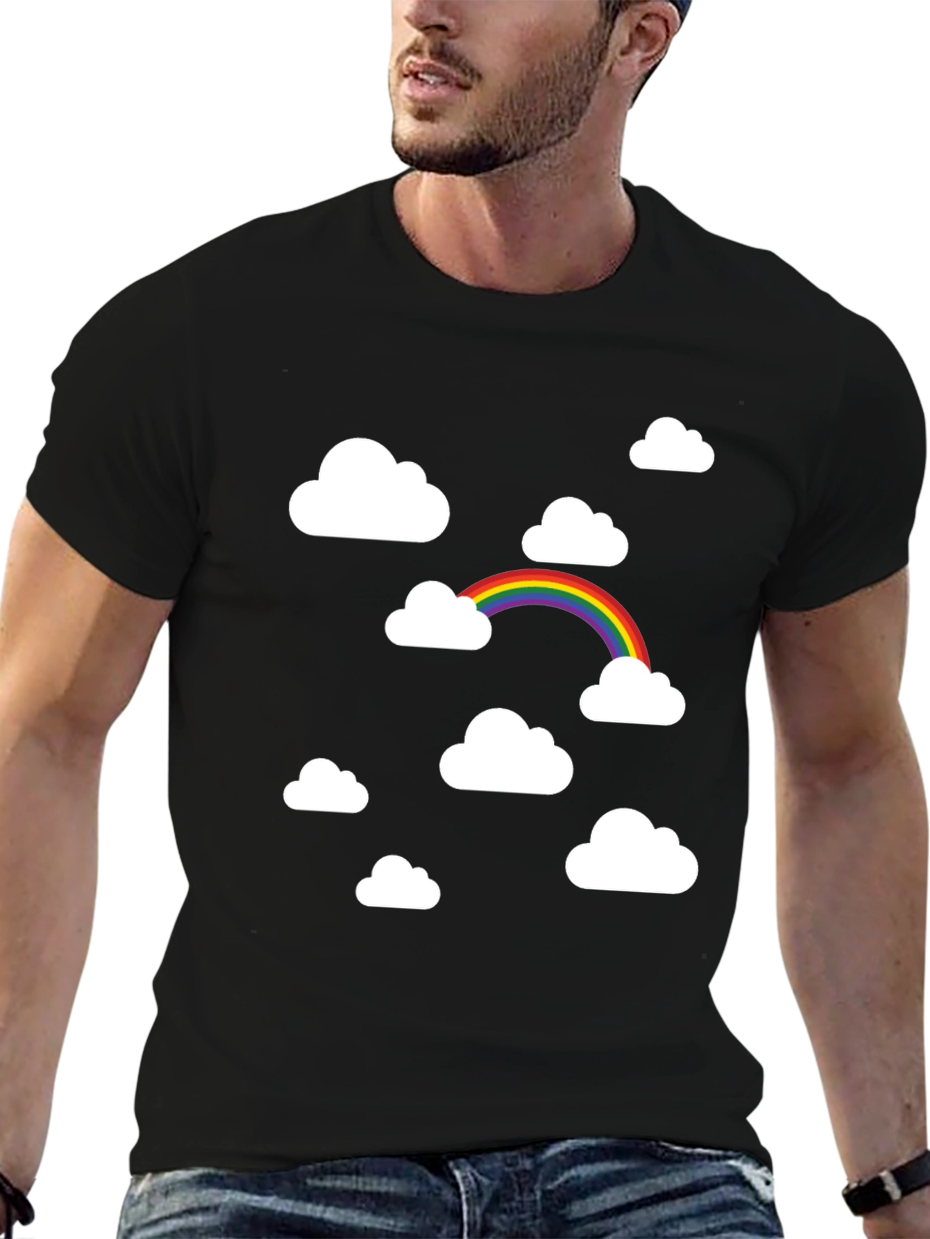 Rainbow Clouds Black Graphic Tee - Trendy Comfort
