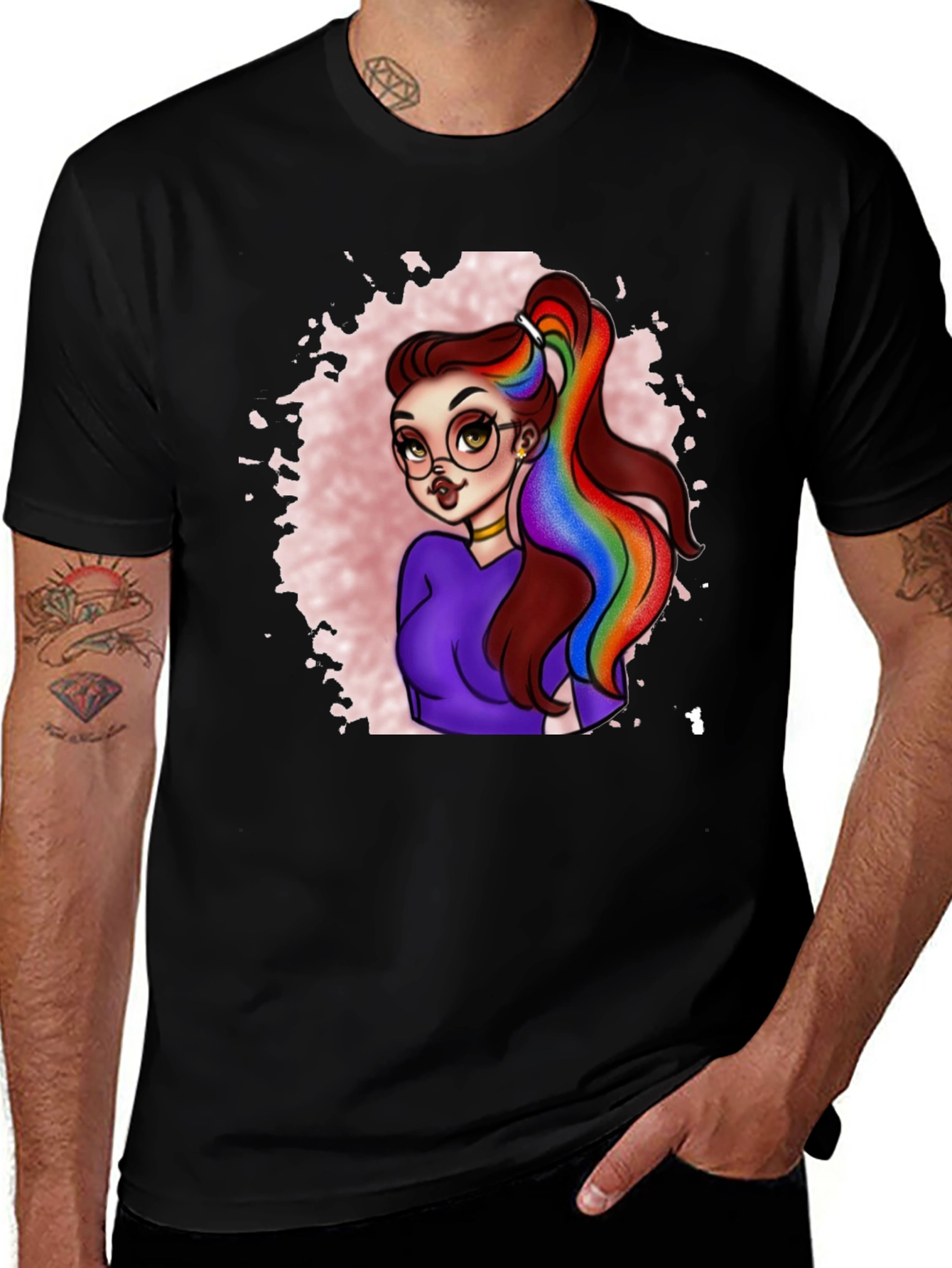 Rainbow Hair Cartoon Graphic T-Shirt