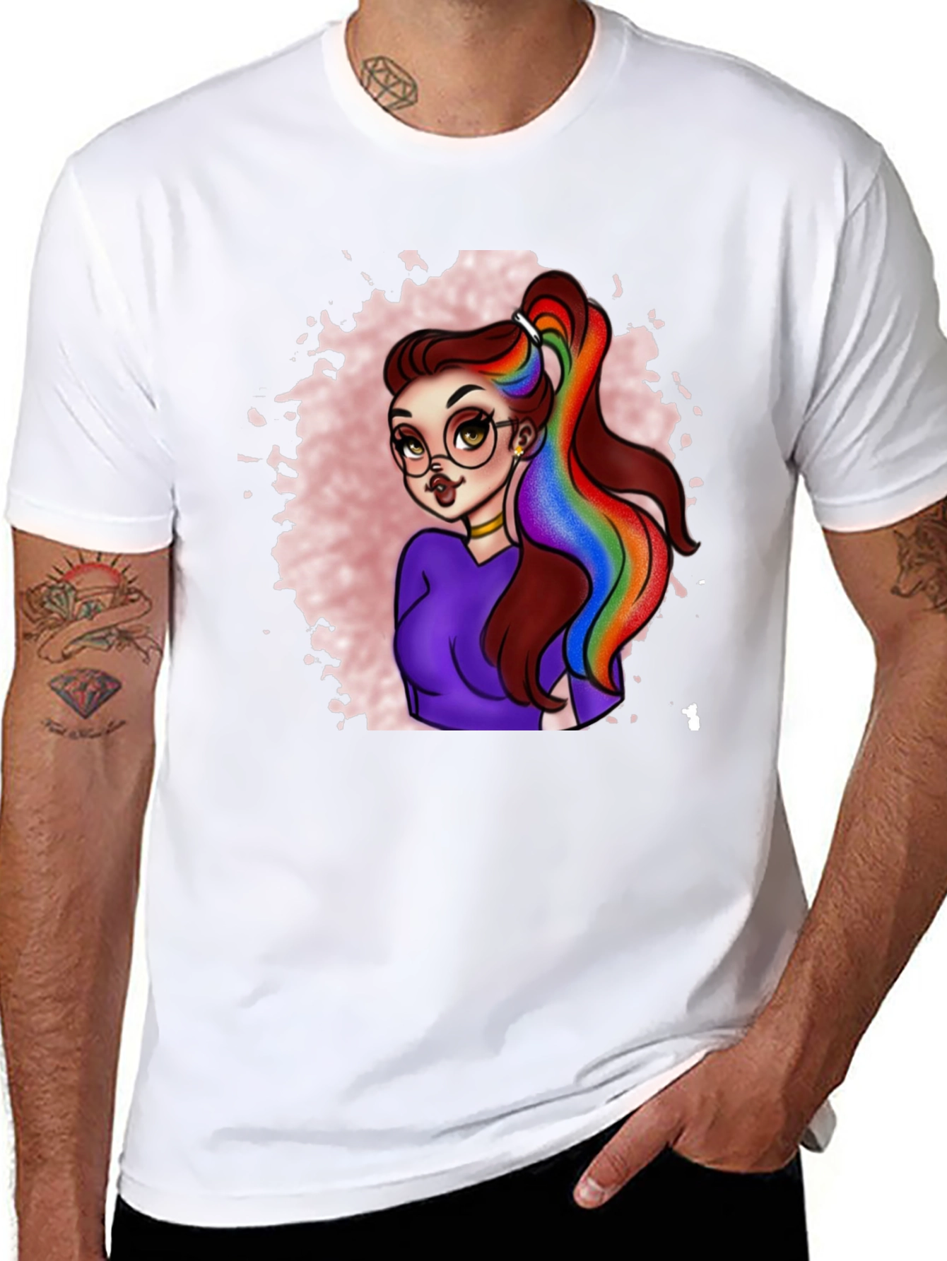 Rainbow Hair Cartoon Graphic T-Shirt